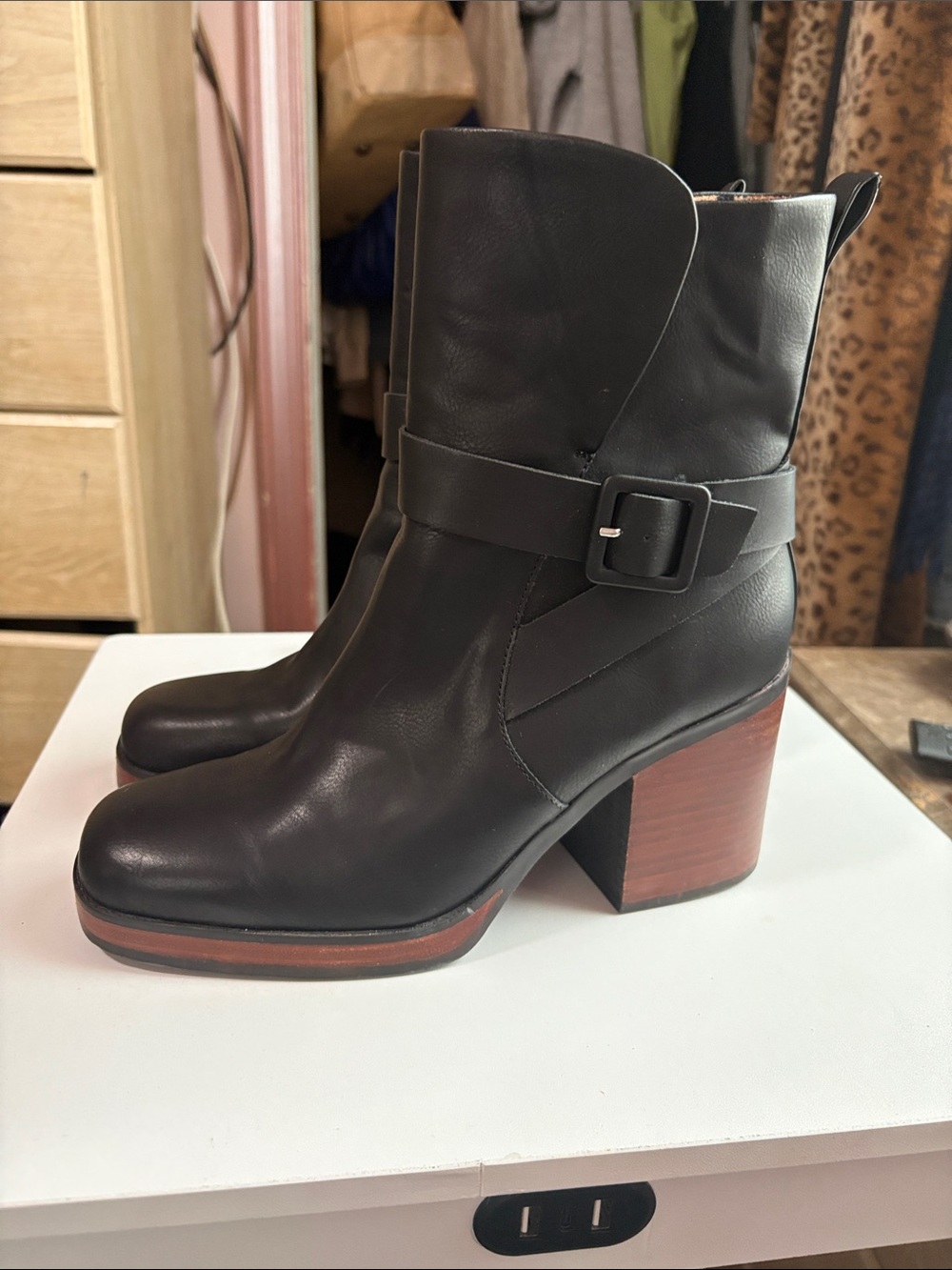 Kork-Ease Black Leather Ankle Boots with Brown Stacked Heel - Picture 6 of 8